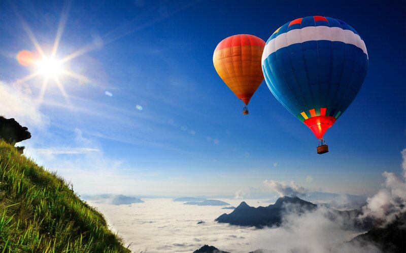 Hot Air Balloons — Blue, Serene, Morning, Photograph, Sun