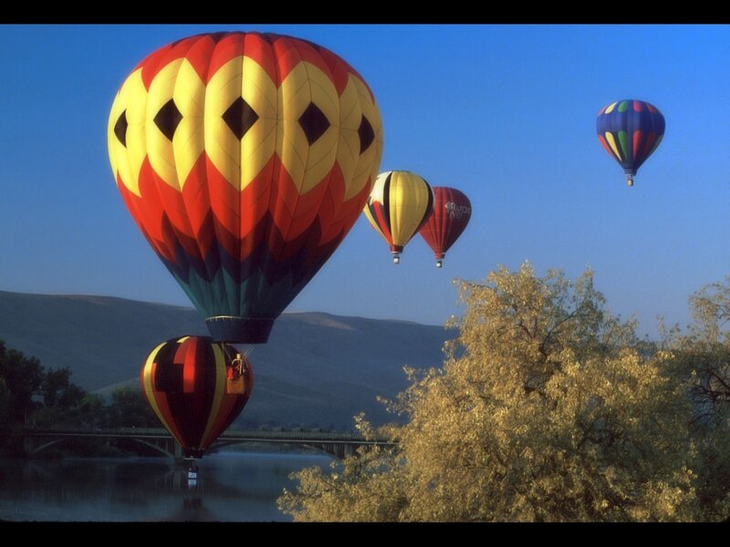 Hot Air Balloons — Blue, Serene, Morning, Photograph