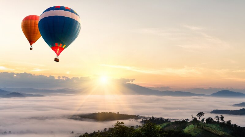 Hot Air Balloons Flying — Blue, Serene, Sunrise