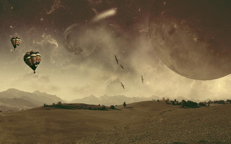 Hot Air Balloons in Alien Sky — Brown