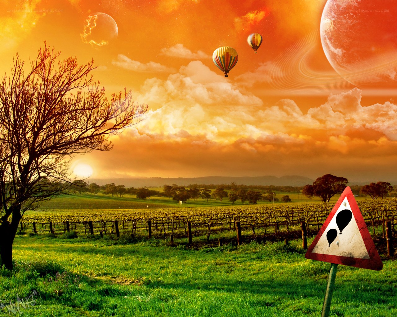 Hot air balloons in alien sky