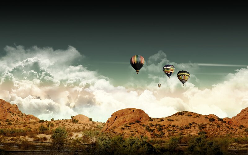 Hot Air Balloons in Desert — Brown, Dramatic, Afternoon