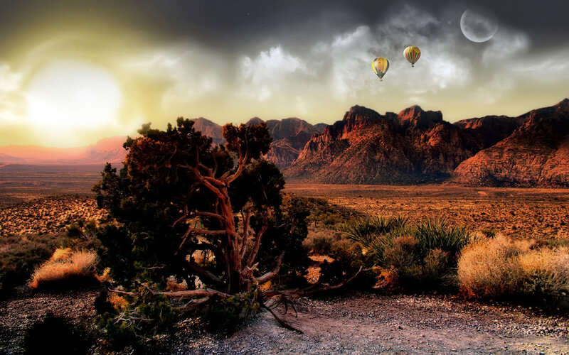 Hot Air Balloons in Desert — Brown, Dramatic, Sunset, Digital Art, Mountains