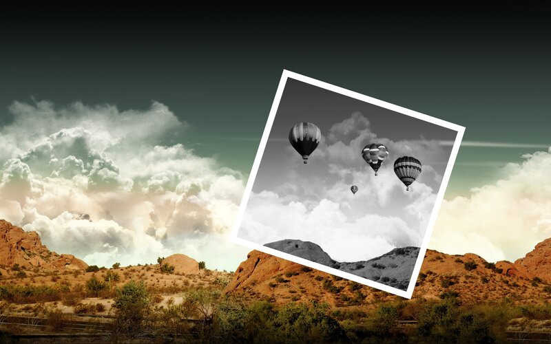 Hot Air Balloons in Desert — Brown, Dramatic