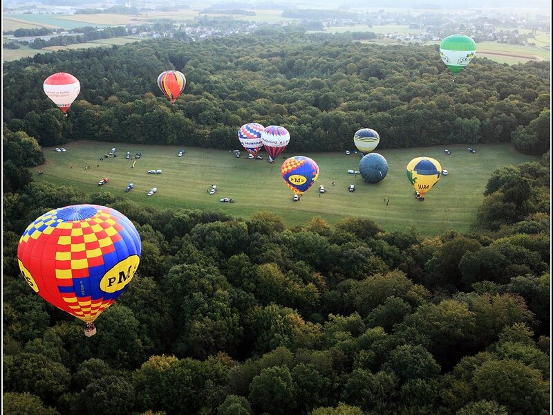 Hot Air Balloons in Field — Green, Serene, Morning
