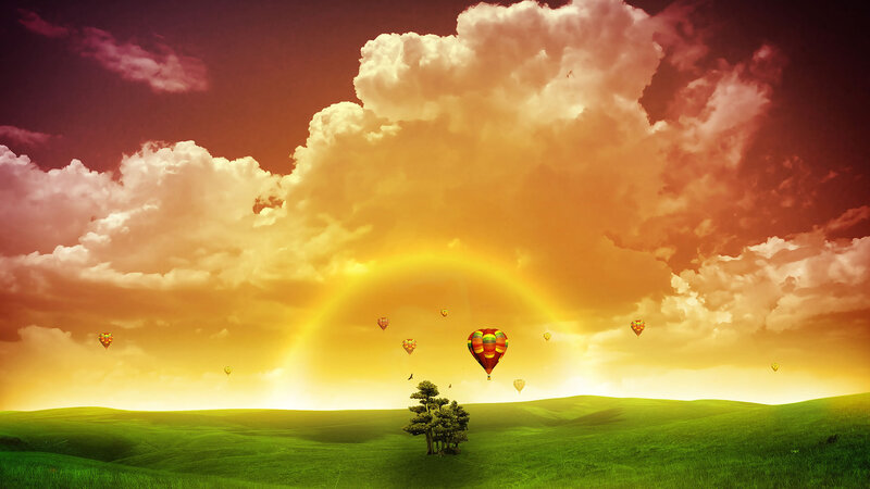Hot Air Balloons in Field — Green, Serene, Sunset