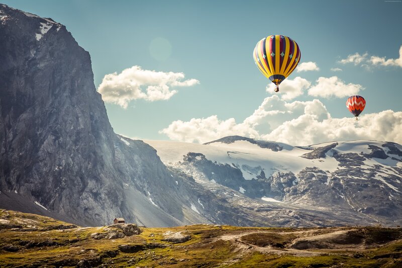 Hot Air Balloons in Mountains — Blue