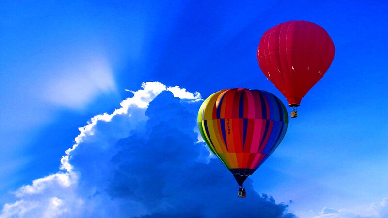 Hot Air Balloons in Sky — Blue, Dramatic, Afternoon