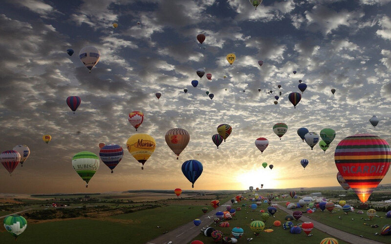 Hot Air Balloons in Sky — Blue, Dramatic, Sunrise