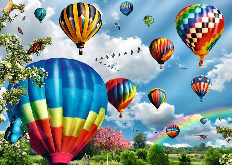 Hot Air Balloons in Sky — Blue, Festive, Spring, Digital Art