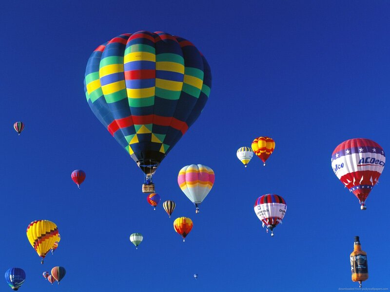 Hot Air Balloons in Sky — Blue, Serene, Afternoon, Photograph, Bottle