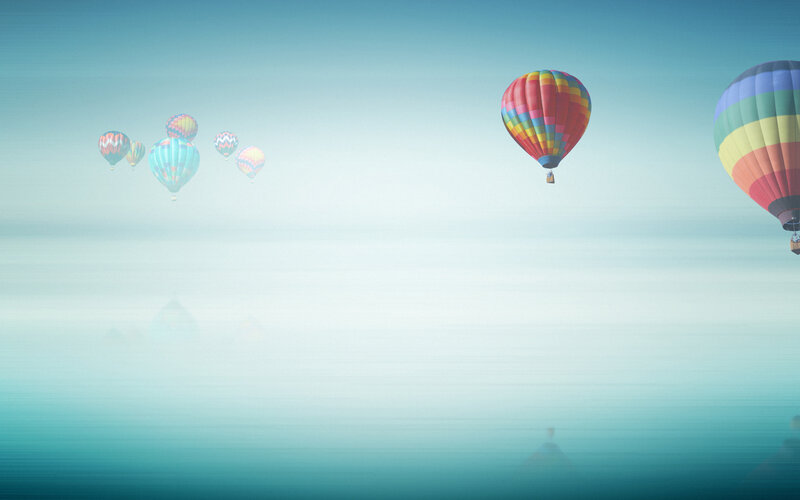 Hot Air Balloons in Sky — Blue, Serene, Morning, Digital Art, Clouds, White
