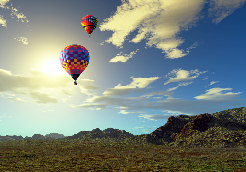 Hot Air Balloons in Sky — Blue, Serene, Morning, Digital Art