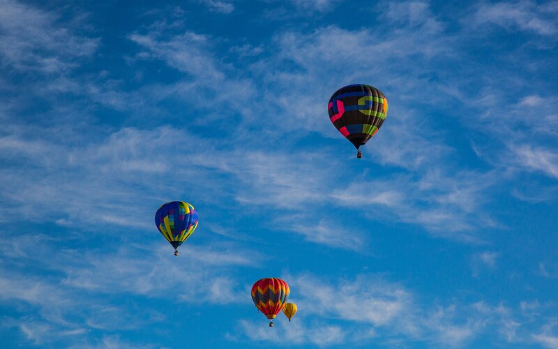 Hot Air Balloons in Sky — Blue, Serene, Morning, Photograph, Clouds