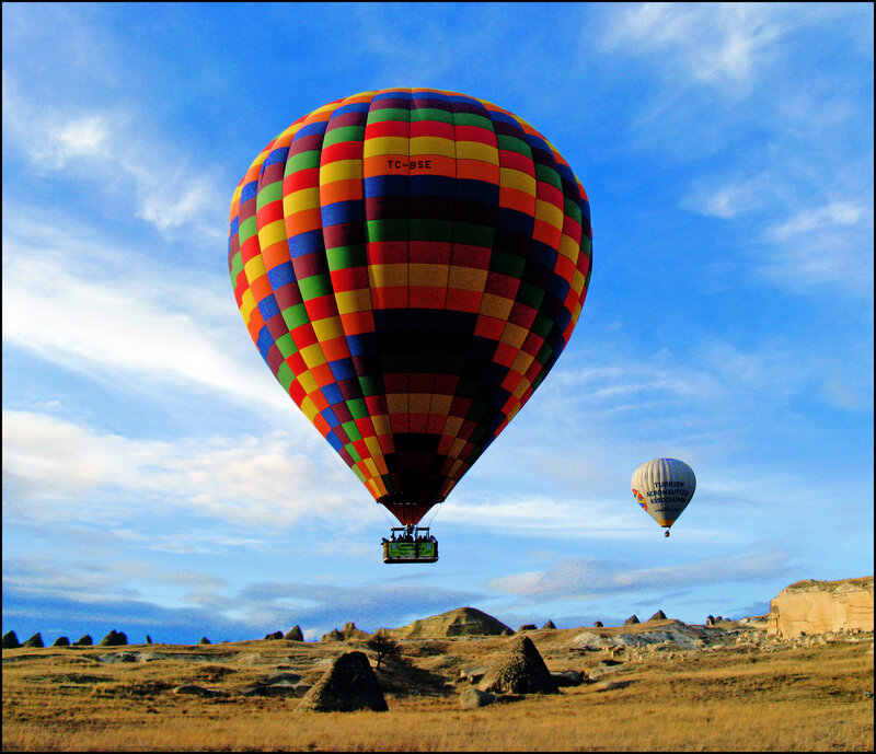 Hot Air Balloons in Sky — Blue, Serene, Morning, Photograph, Landscape