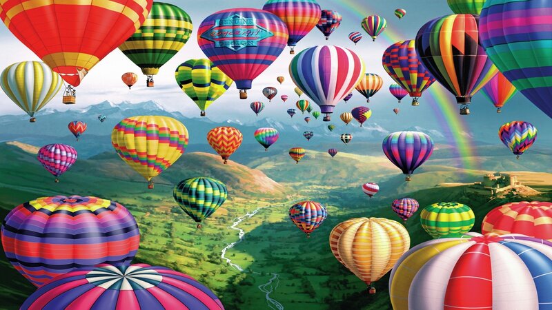 Hot Air Balloons in Sky — Green, Colorful