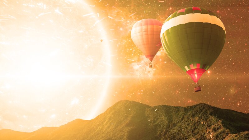 Hot Air Balloons in Sky — Green, Dramatic, Sunset