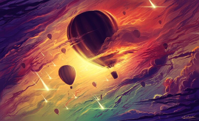 Hot Air Balloons in Sky — Red, Dramatic