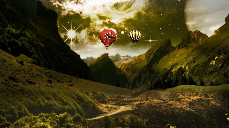 Hot Air Balloons in Valley — Green, Dreamy