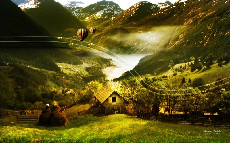 Hot Air Balloons in Valley — Green, Serene