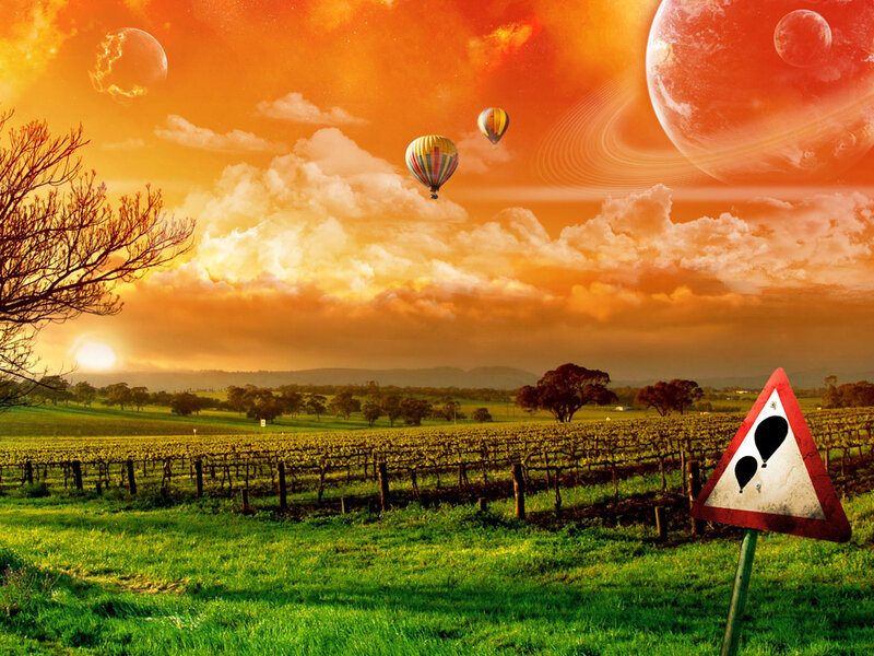 Hot Air Balloons in Vineyard — Orange, Dramatic, Sunset, Digital Art, Planets, Clouds