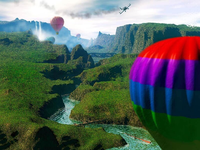 Hot air balloons over a canyon