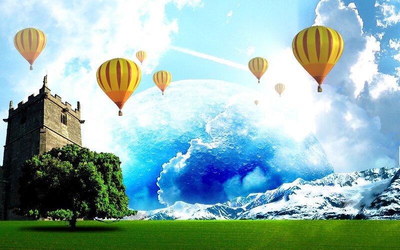 Hot air balloons over a fantasy landscape