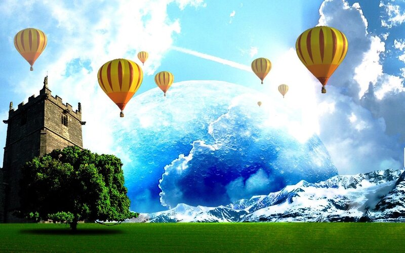 Hot air balloons over a fantasy landscape