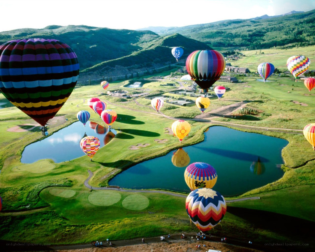 Hot air balloons over a golf course
