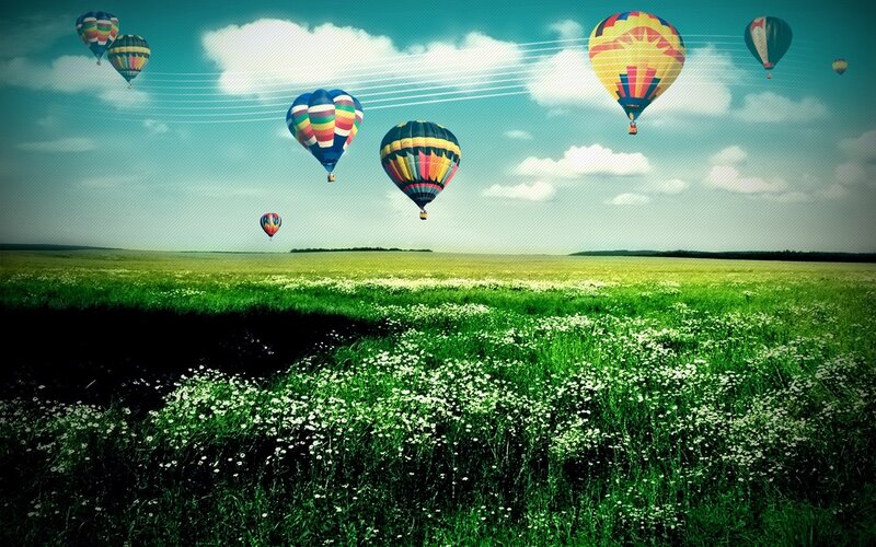 Hot air balloons over a green field