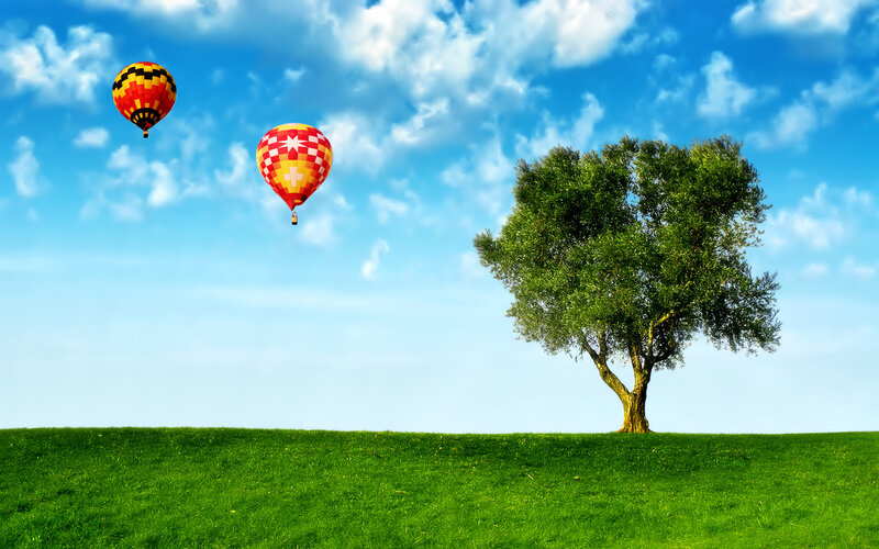 Hot air balloons over a green hill