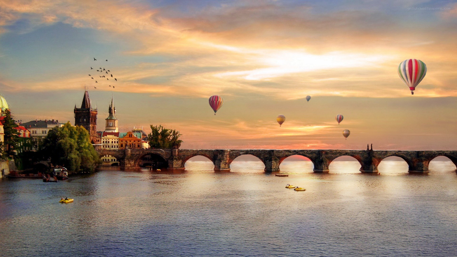 Hot air balloons over a historic bridge