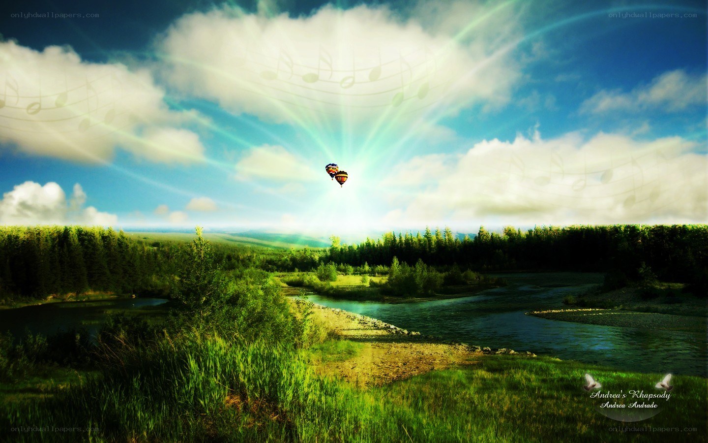 Hot air balloons over a river