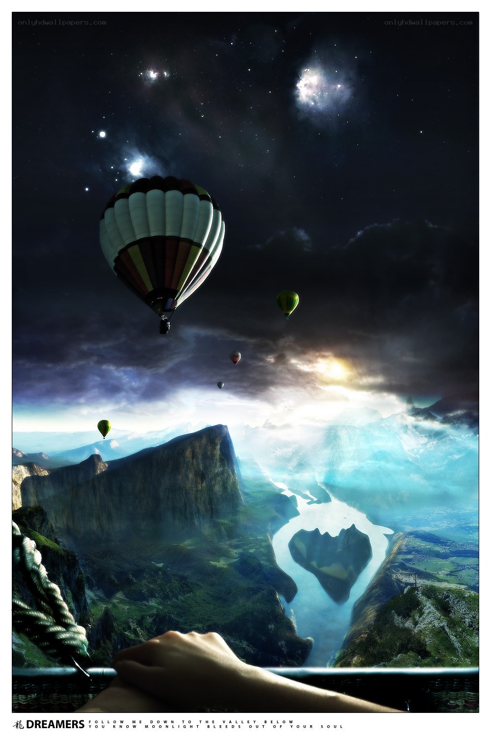 Hot Air Balloons Over a Starry Valley