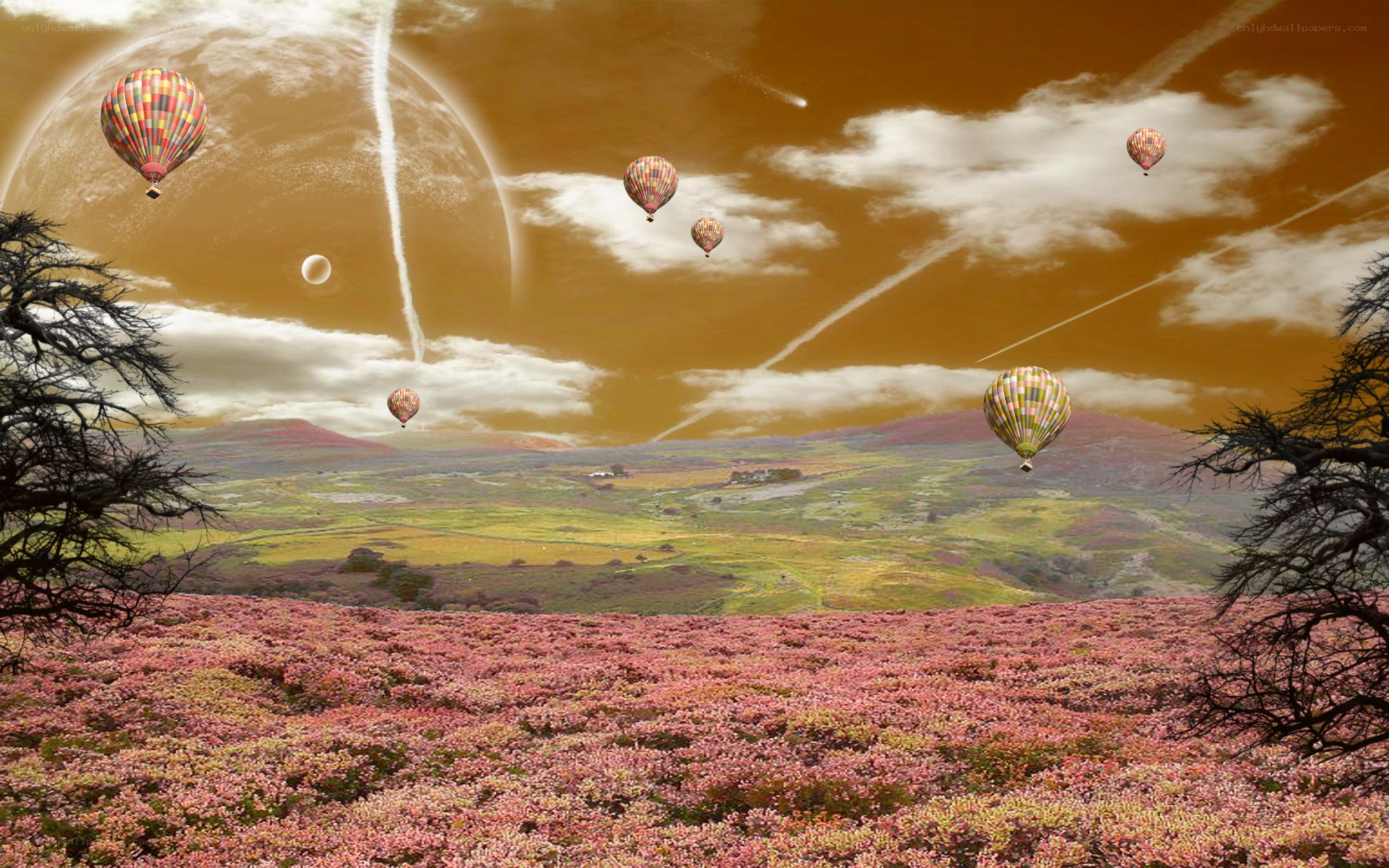 Hot air balloons over alien landscape
