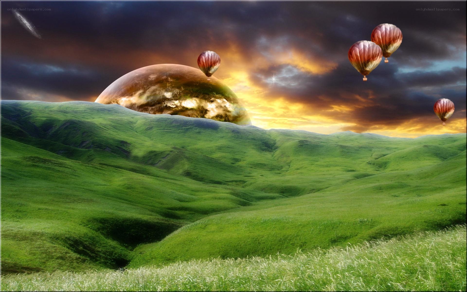 Hot air balloons over alien planet