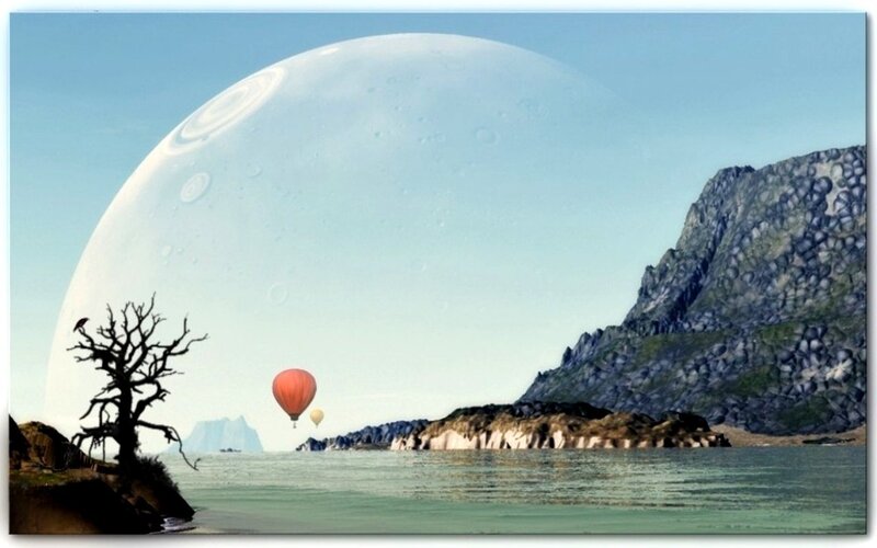 Hot air balloons over alien planet