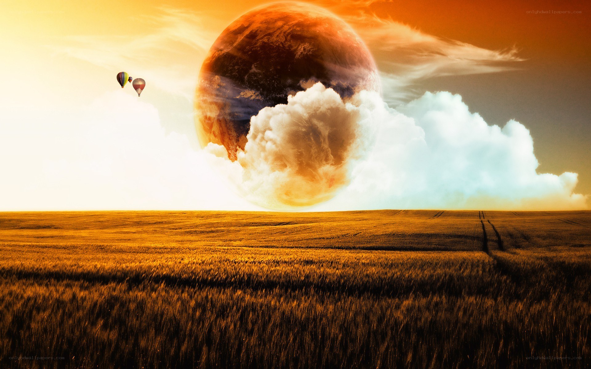 Hot air balloons over alien planet