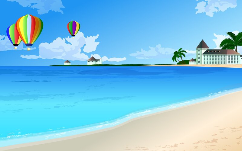 Hot Air Balloons over Beach — Blue, Serene