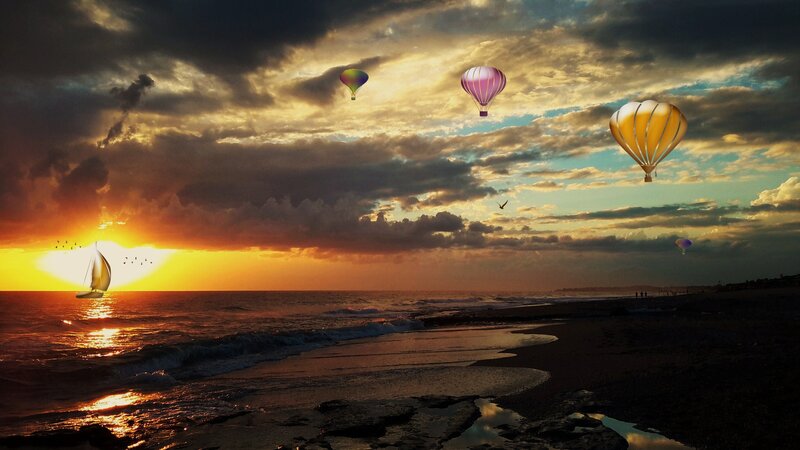 Hot Air Balloons over Beach — Orange