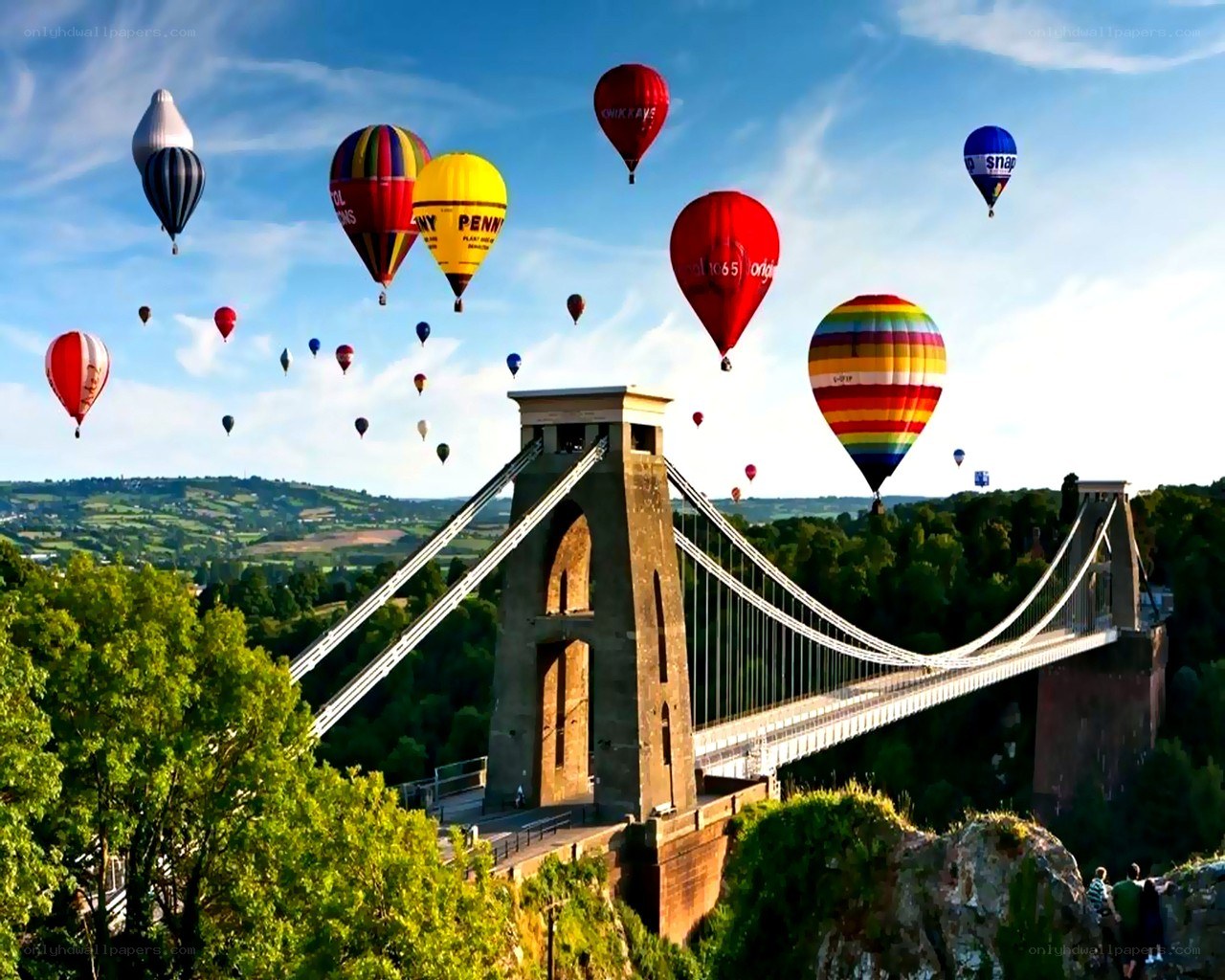 Hot air balloons over bridge