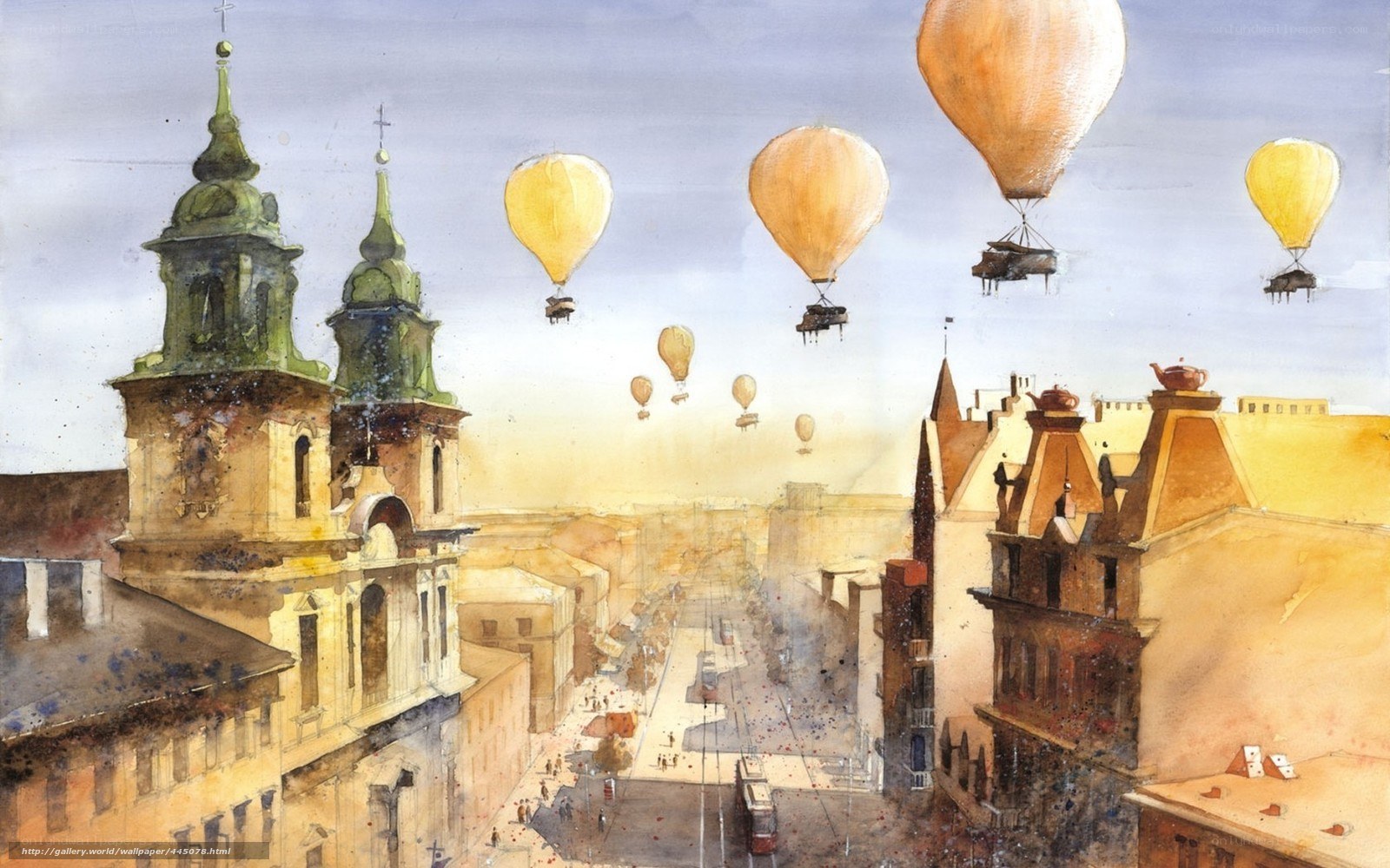 Hot air balloons over city