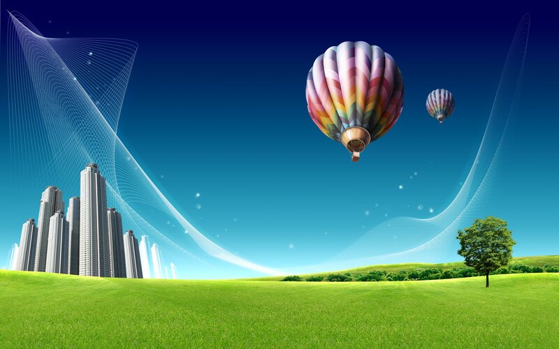Hot Air Balloons over City — Green