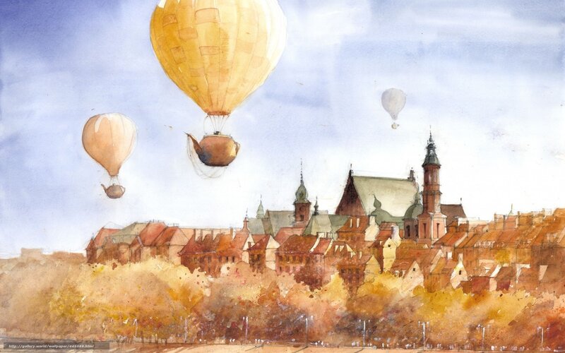 Hot Air Balloons over City — Yellow, Serene