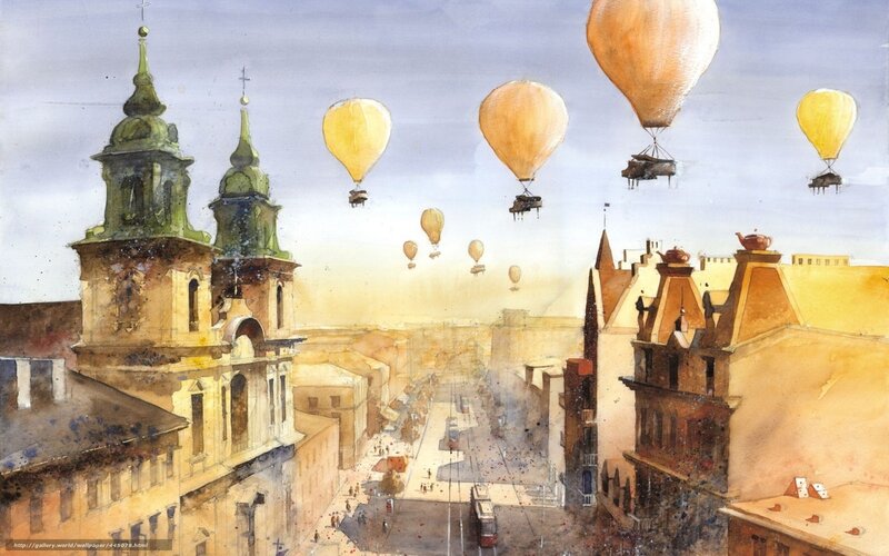 Hot Air Balloons over City — Yellow
