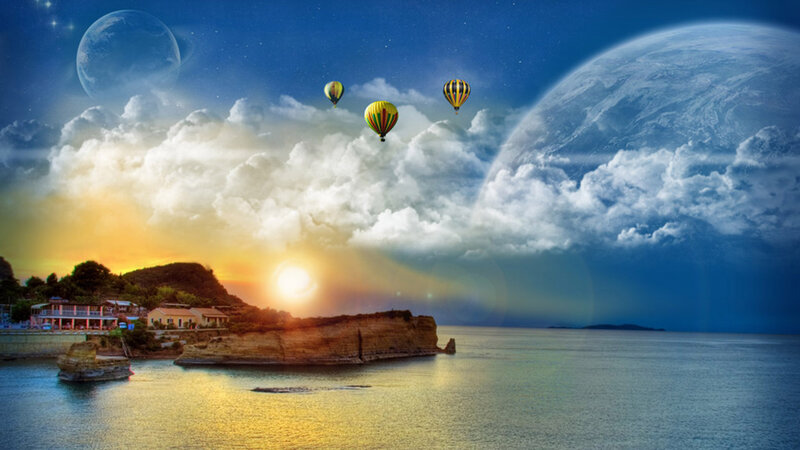 Hot Air Balloons over Coast — Blue, Dramatic, Sunset