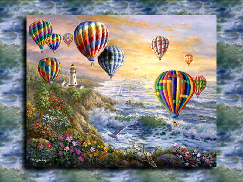 Hot Air Balloons over Coast — Blue
