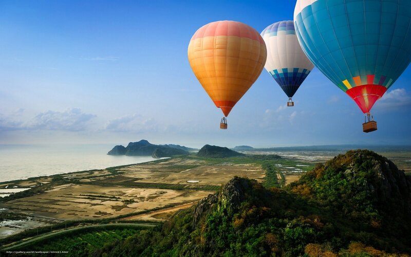 Hot air balloons over coastal landscape
