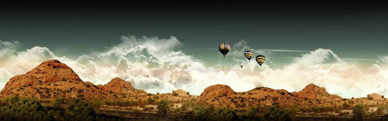 Hot Air Balloons over Desert — Brown, Dramatic
