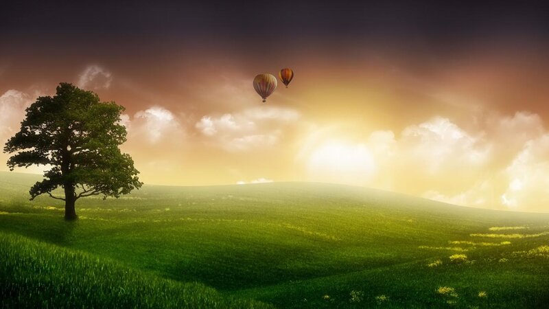 Hot Air Balloons over Field — Green, Serene